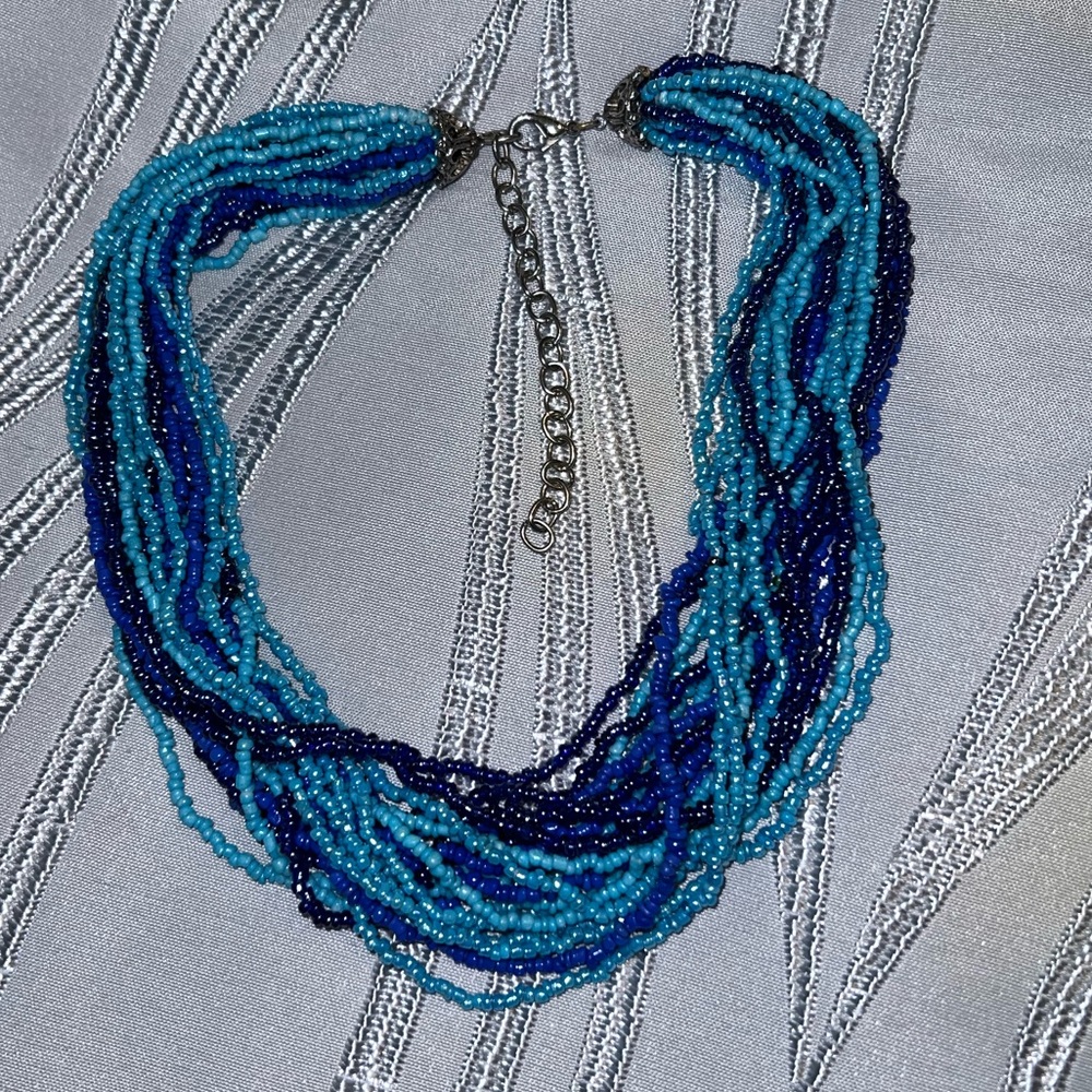 Vintage Blue Seed Bead Multi-Strand Choker Necklace